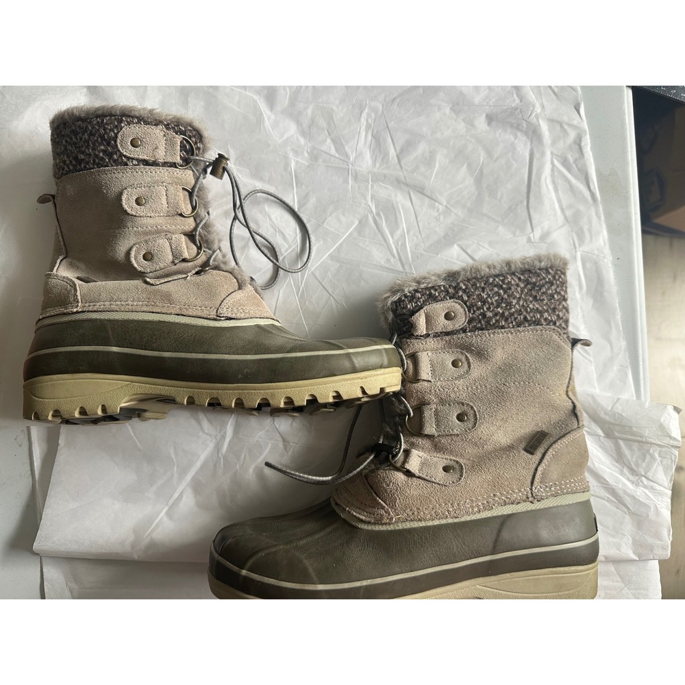 Khombu Womens Winter Duck Boots Olive Tan Suede Faux Fur Trim Size 10
